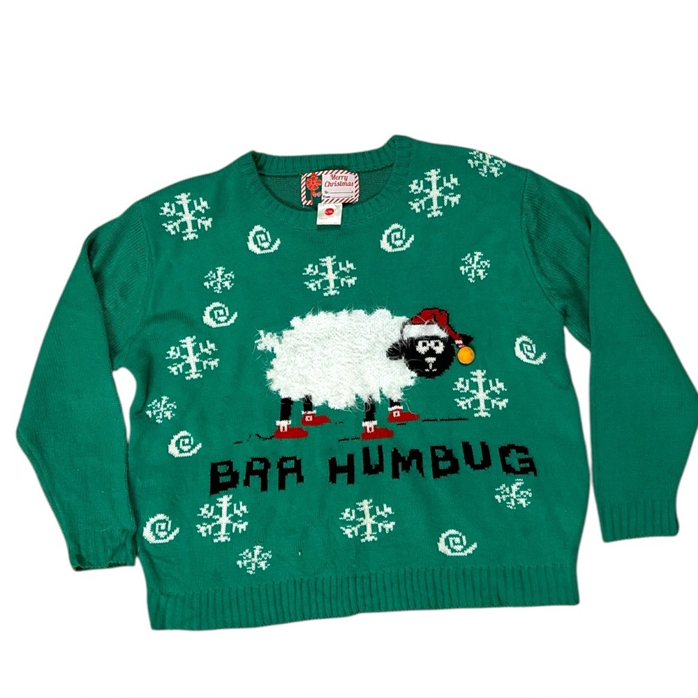 Ugly Christmas Sweater Women’s L XL Baa Humbug Green Sheep Snowflakes Xmas